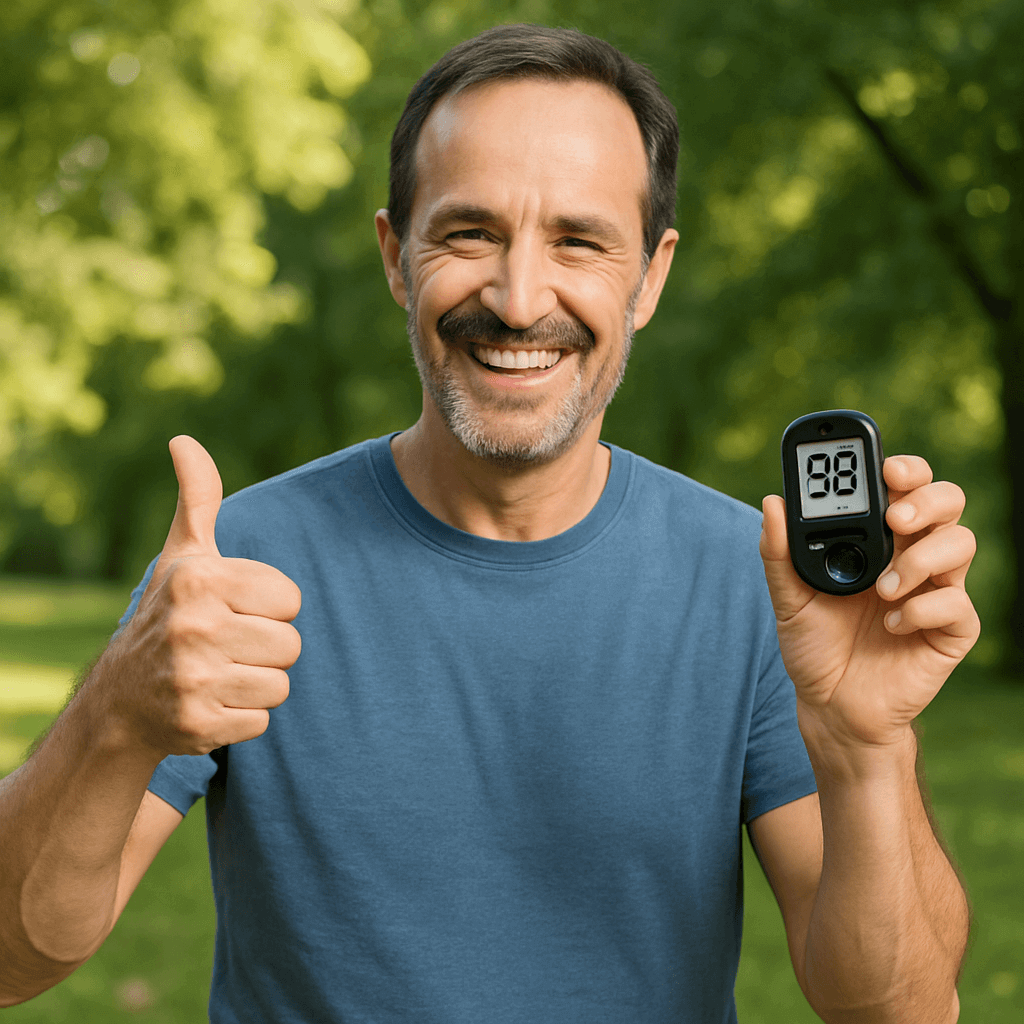 Man smiling outdoors, holding a wellness device reading 98, giving a thumbs up for overall health and vitality.