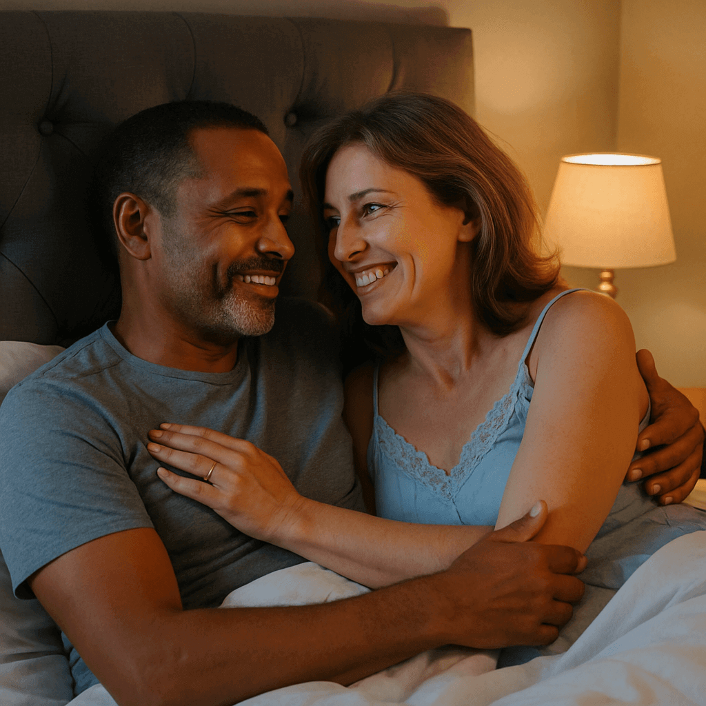 Gelukkige stel in bed, genietend van quality time samen en stralend van liefde en verbondenheid.