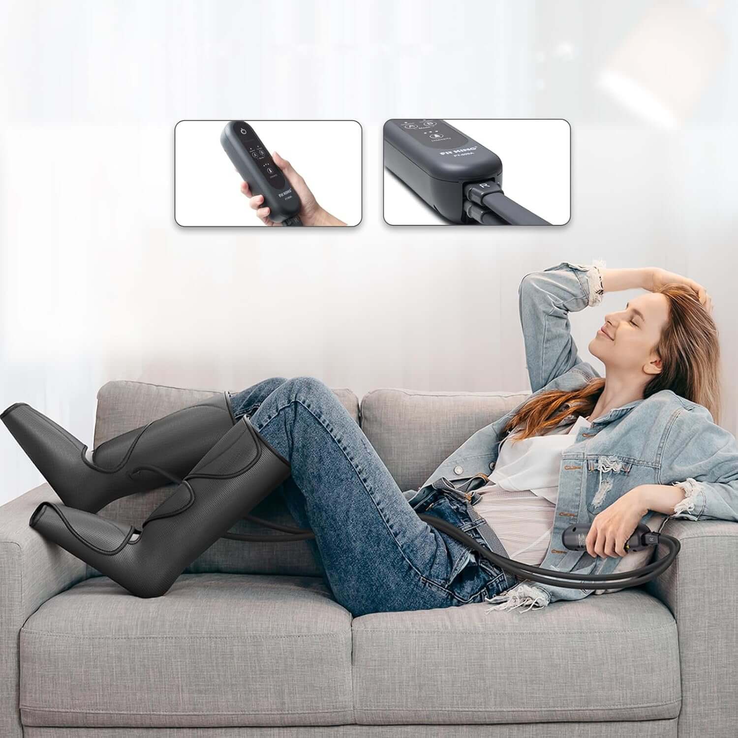 Jovyx AirRelief™ – Compressie Massagebanden voor Benen & Bloedcirculatie in gebruik op een comfortabele bank.