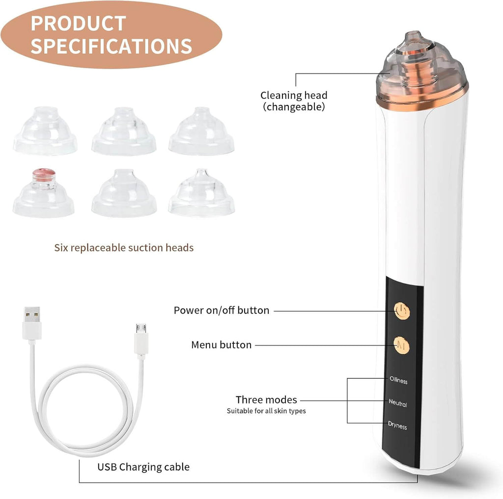 Jovyx DermaClear – Elektrische Poriënreiniger product specifications with six replaceable suction heads and USB charging cable.