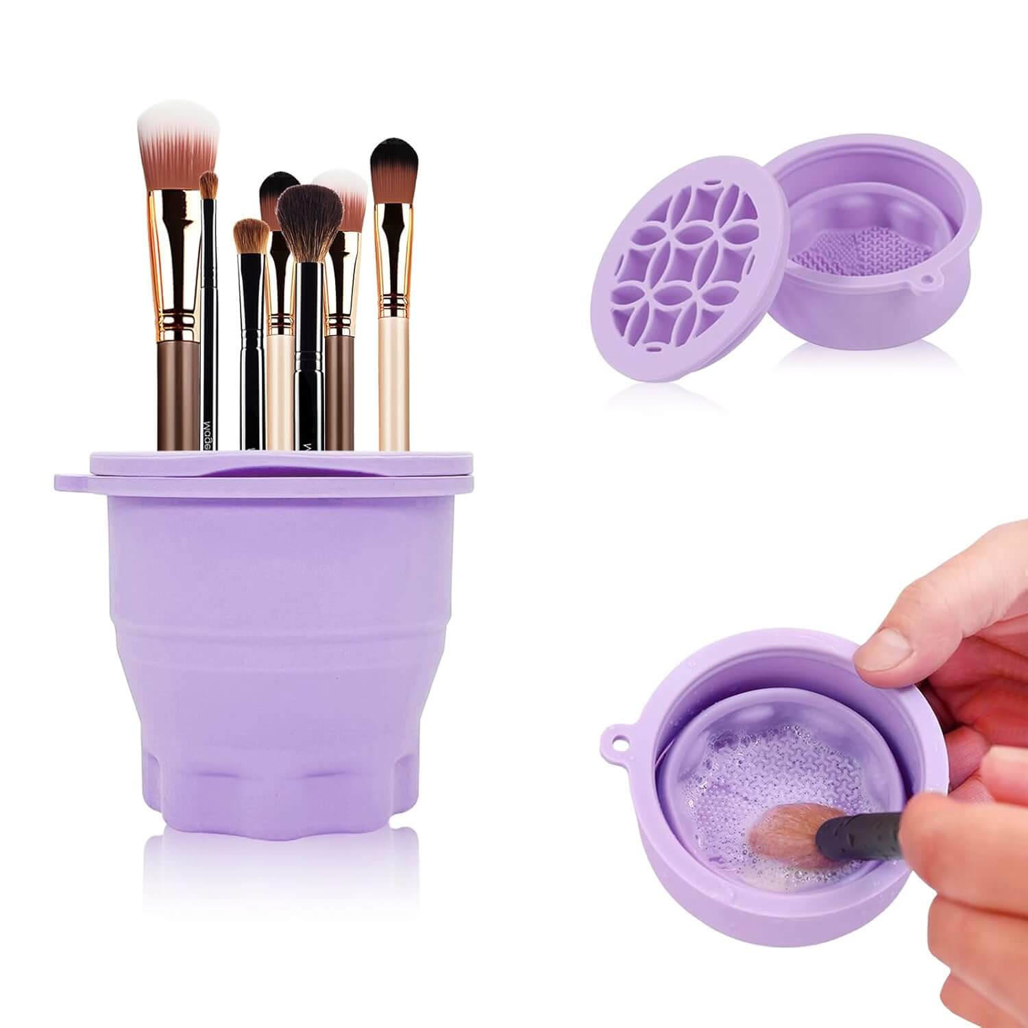 Jovyx FoldClean portable, foldable makeup brush cleaner and organizer in purple silicone design.