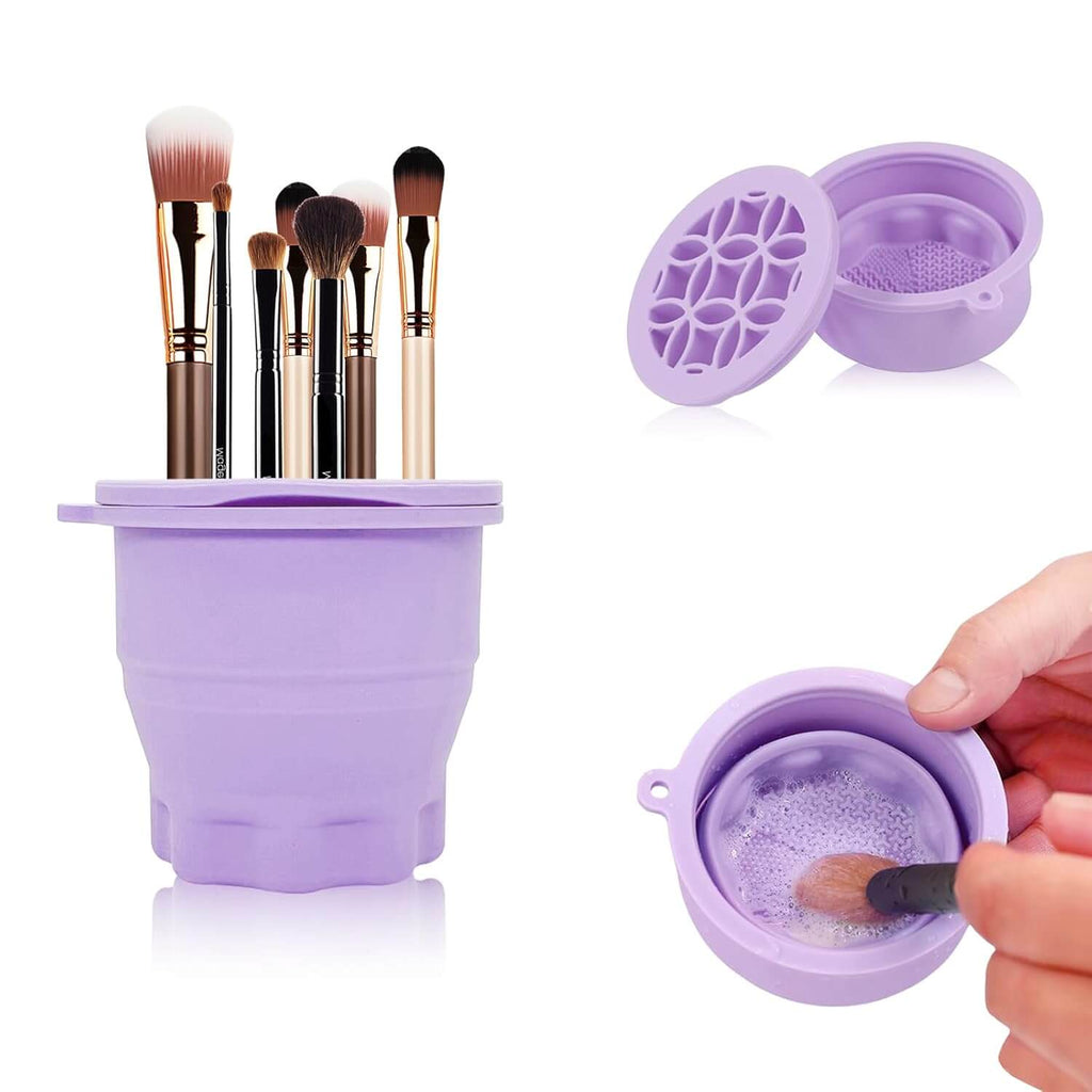 Jovyx FoldClean portable, foldable makeup brush cleaner and organizer in purple silicone design.