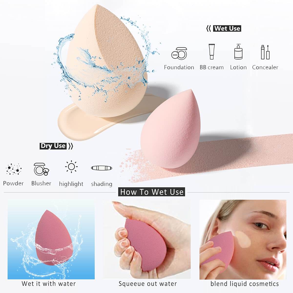 Jovyx ProBlend – Make-up Sponsenset displaying usage instructions for wet and dry application with various cosmetics.