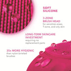 Jovyx – Silicone Gezichtsreinigingsborstel close-up showing soft silicone, 3-zone brush head for effective cleansing.
