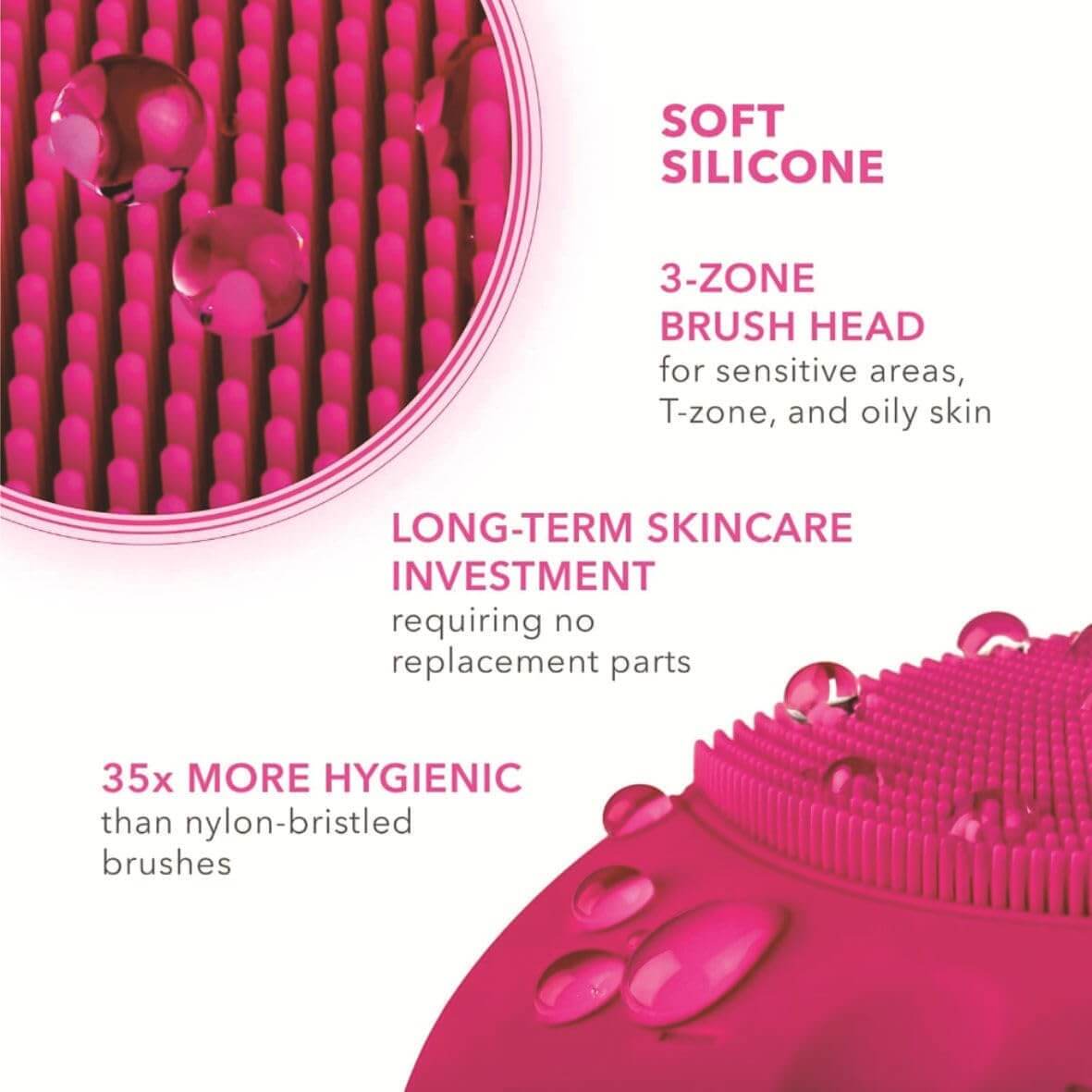 Jovyx – Silicone Gezichtsreinigingsborstel close-up showing soft silicone, 3-zone brush head for effective cleansing.