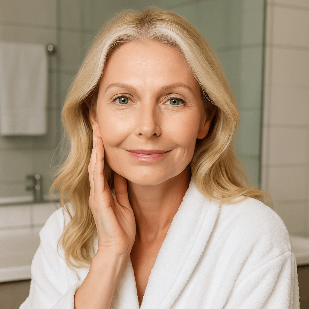 Vrouw met stralende huid in badjas, genietend van de voordelen van Kostbare crème voor anti-rimpel verzorging.