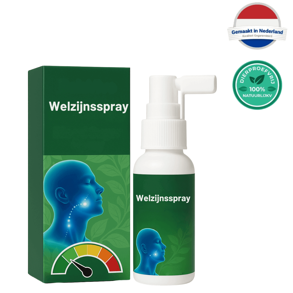 Welzijnsspray verpakking met sprayfles en label, ontworpen voor dagelijkse welzijnsondersteuning met natuurlijke ingrediënten.